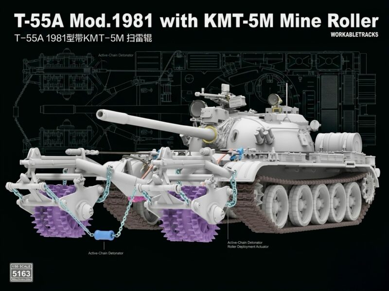 Ryefield Model Unveils Kit No. 5163 — T-55A 1981 with KMT-5M Mine Roller
